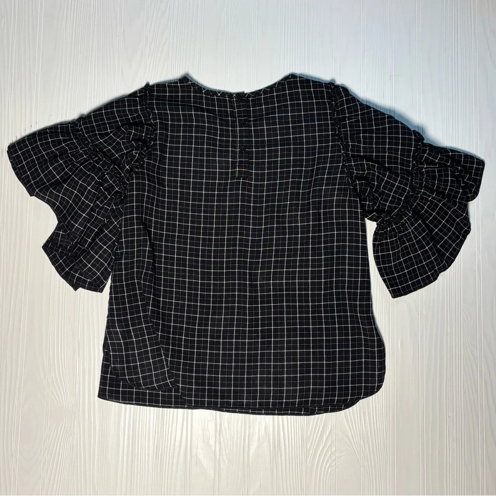 LOFT Women’s Black and White Checkered Top Tiered Bell Sleeves Size Small - Picture 5 of 5
